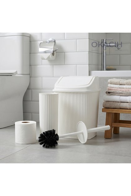 Striped Bathroom Accessory Set - 2-Piece Modern Trash Can and Wc Brush