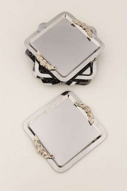 Tores Silver Stainless Steel Square Silver Coffee Presentation Tray with Handle Serving Decorative Tray