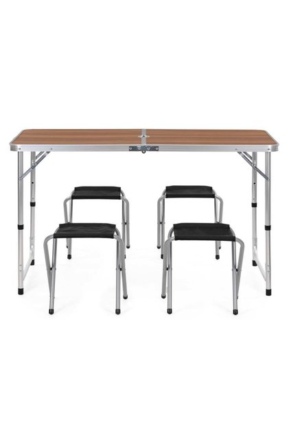 Set masă pliabilă de camping cu 4 scaune, înălțime reglabilă, 120x60x71 cm, maro închis/argintiu