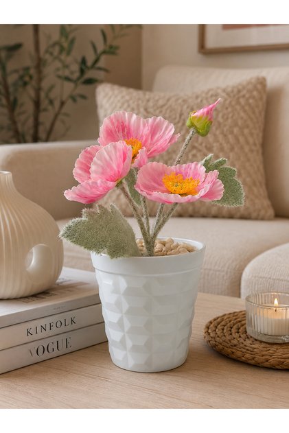 Yapay Çiçek Beyaz Saksı İçerisinde Toz Pembe Gelincik