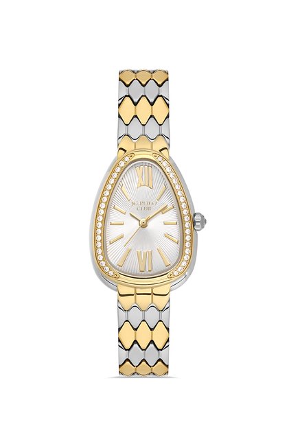 Women's Silver Gold Metal Cord White Dial Stone Detailed Wristwatch 2 Years Warranty