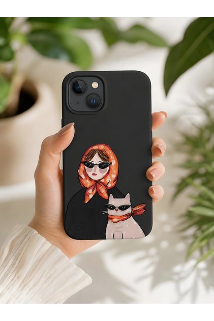 iPhone 15 Compatible Launch Silicone Masked Cat Woman Themed Shock Absorbing Case Black