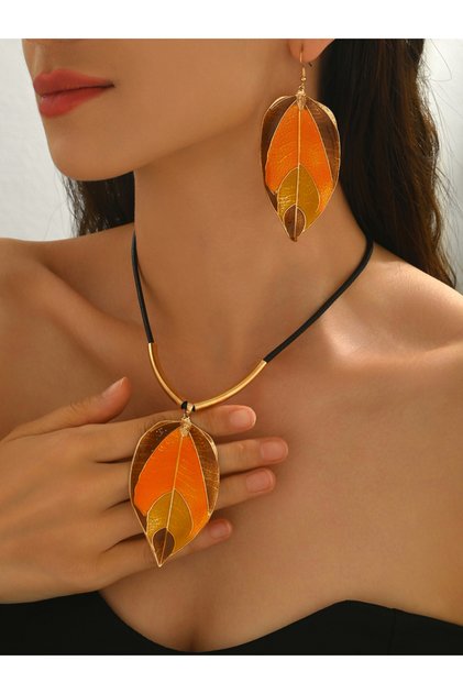Asymmetrical Leaf Pendant Necklace and Earrings Set