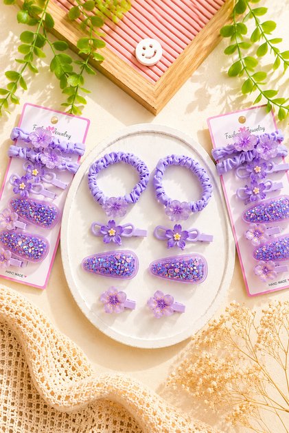 Girl's Floral Buckle Set 8 Pieces – Glittery Snap Fasteners and Rubber Buckle Combination
