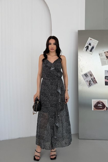 Black Thin Strap Flounce Long Dress