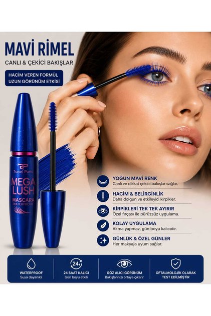 Travel Paris Mega Lush Mavi Rimel Hacim Verici Maskara Yoğun Mavi Renk Uzun Görünüm Etkisi