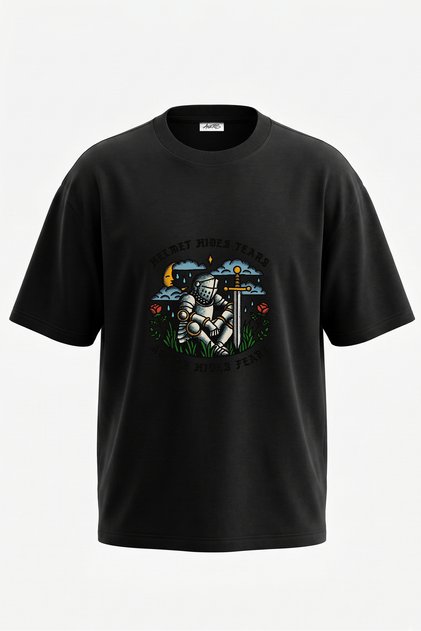 Sovalye Armor Design Back Printed Cotton Black Oversize T-Shirt