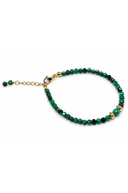 Cube Cut Natural Malachite Stone Steel Detailed Handmade Bracelet Adjustable Women's Bracelet