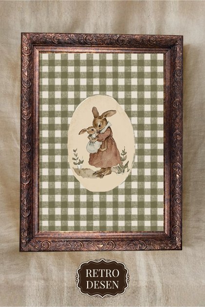 Çerçeveli Çocuk Odası Tablosu, Vintage Bebek Odası Tablosu, Çocuk Odası Duvar Dekoru, Tavşan Ailesi Resmi, 21c
