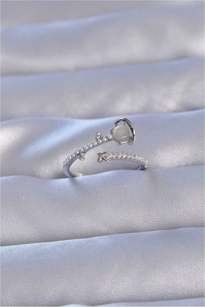 Brass Silver Color Zircon Stone and Pearls Saturn Model Adjustable Ring
