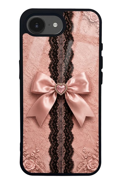 iPhone 16E Glossy Phone Case with Pink Lace Bow Design