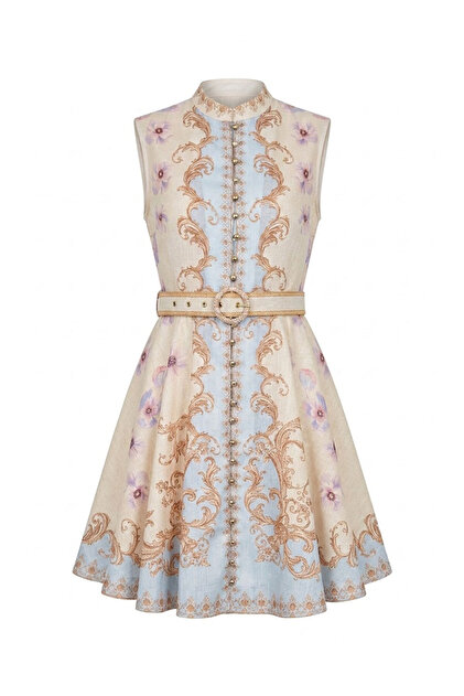 Premium Button-Front Mini Patterned Dress - Ecru