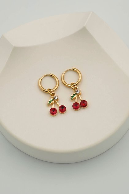 Gold Cherry Figured Hoop Earrings Women's Dangle Earrings