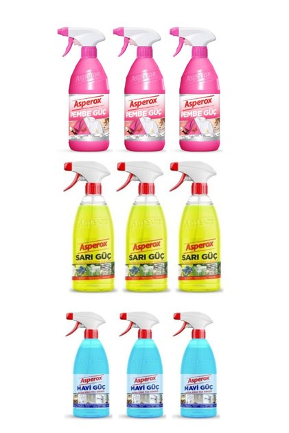 Güç Serisi Temizlik Seti – Sarı Güç Yağ Çözücü + Mavi Güç Kireç Pas Sökücü + Pembe Güç Leke Çıkarıcı Sprey (9'lu Set)