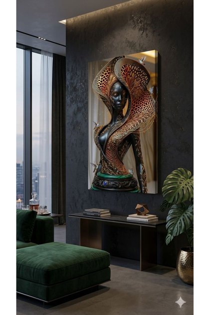 Premium 3D Kabartma Görünümlü Afro Siyah Kraliçe ve Altın Filografi Modern Dekorasyon Kanvas Tablo - Özel Tasarım Malakit Lapis Detaylı Lüks Salon Duvar Dekoru Duvar Paneli