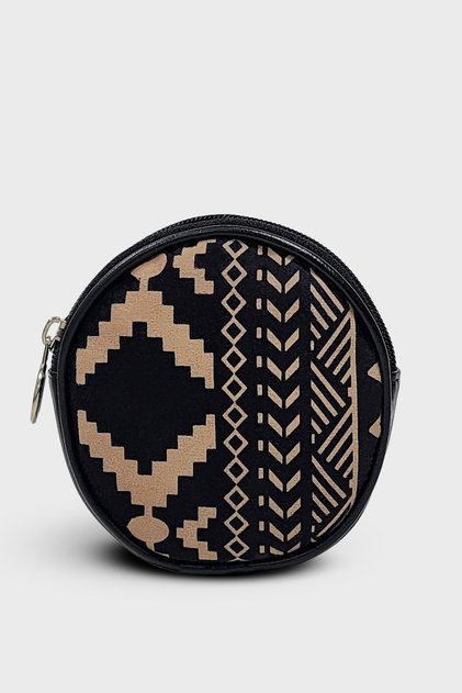 Handmade Round Coin Purse | Black Geometric Patterned Mini Wallet