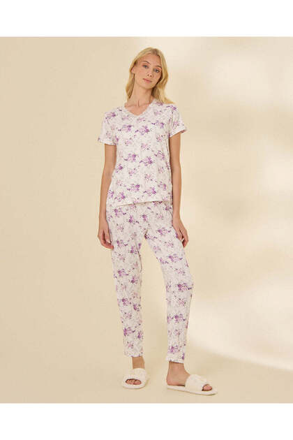 Women's White Lace Trim V-Neck Printed Pajama Set
