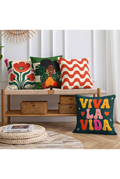 Double Sided Suede Viva La Vida and Wave Pattern 4-Piece Throw Pillow Cover Set - Colorful Women's Portrait and Floral Pillowcase