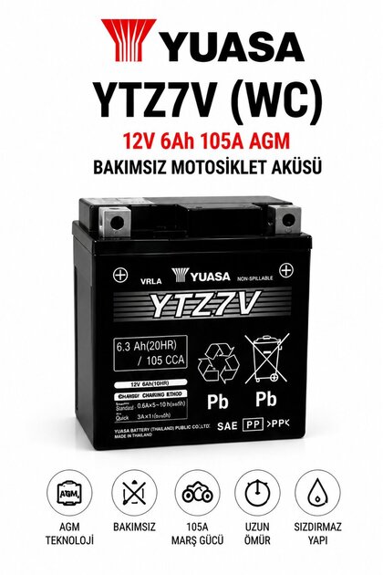 YTZ7V (WC) 12V 6Ah 105A AGM Bakımsız Motosiklet Aküsü Tak Çalıştır