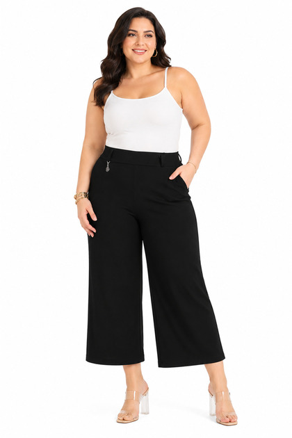 Plus Size Cotton Elastic High Waist Sandy Fabric Wide Leg Women's Trousers