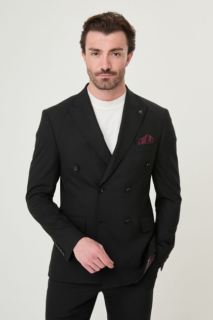 Straight Slim Fit Wide Collar Double Breasted Men's Suit Black - 45476.26Y