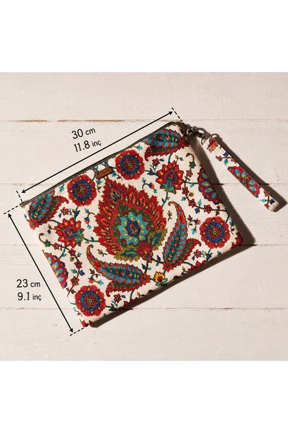 Ethnic Patterned Women's Handbag - Zippered Duck Fabric Cluck Handbag 30X23Cm