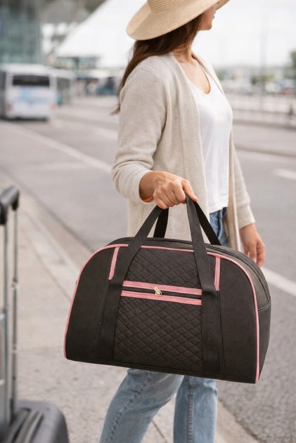 Modern Suitcase Travel Bag (Black-Pink Striped)