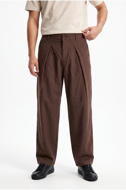 Men's Pleated Linen Baggy Trousers Brown