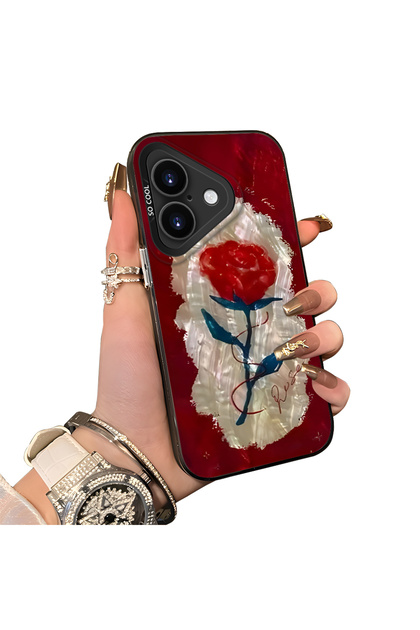 iPhone 17 Compatible Silicone Edge Hard Back Case Couple Phone Case with Rose Pattern