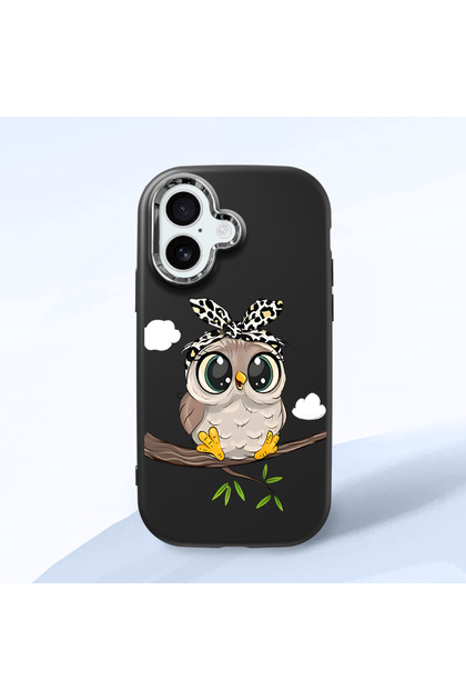 iPhone 16 Compatible Case with Camera Protection Black Silicone Couple Phone Case with Owl Pattern