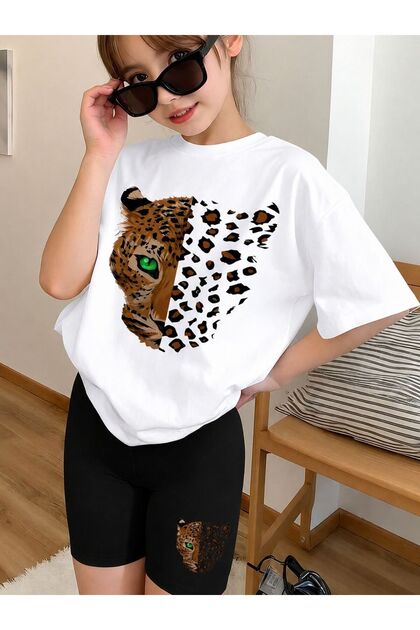 Girl's Leopard Print White T-Shirt-Black Shorts Leggings Bottom Top Set