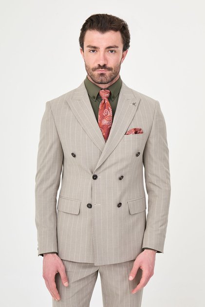 Striped Slim Fit Wide Collar Double Breasted Men's Suit Beige - 45403.25Y