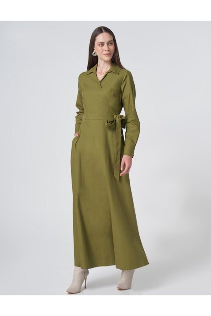 Double-Breasted Tie-Up Cotton Lyocell Dress Dark Matcha Green