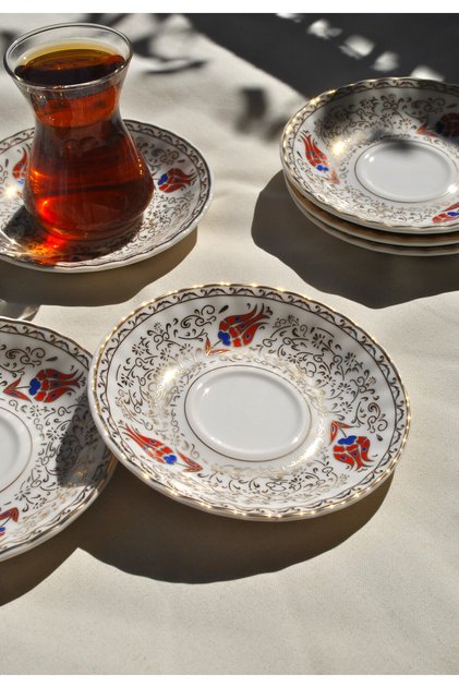 6'lı Porselen Çay Tabağı Altın İşlemeli Kırmızı Lale Gold 12 Cm Çay Tabak Seti -Redlal