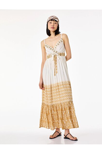 Ethnic Patterned Shimmering Long Thin Strap Dress with Tie-Up Detail