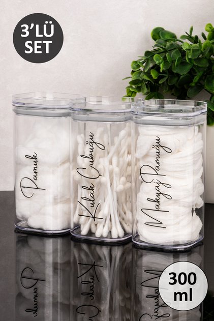 3-Piece Cotton - Makeup Cotton - Cotton Swab Transparent Mica Jar with Label Cotton Box Set Acrylic Bathroom Organizer 300 ml