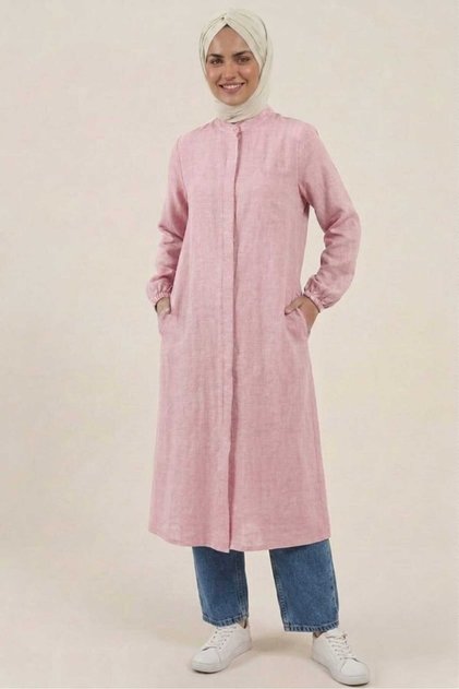 Light Pink 100% Cotton Muslin Fabric Zippered Long Hijab Women's Tunic - Compatible for Hajj, Umrah, and Daily Use