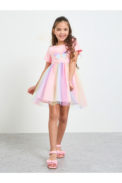 Girls Butterfly Print Layered Mesh Dress