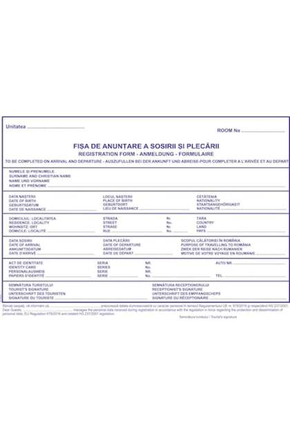 Formular de anunțare a sosirii și plecerii (Formular turistic) A5, autocopiant, 2 exemplare/set, 50 seturi/carnet