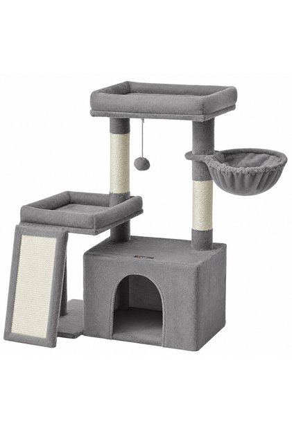 Set de joacă pentru pisici cu 2 paturi, cușcă, coș, stâlpi de zgâriat și rampă, 93x59x86 cm, Gri