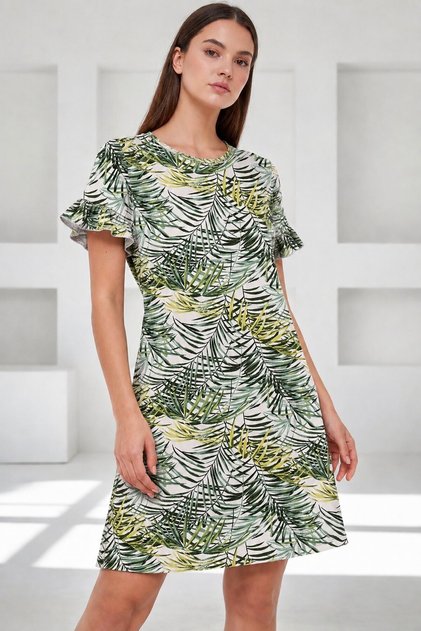 Women's Crew Neck Short Ruffled Sleeve Viscose Casual Midi Length Patterned Casual Dress
