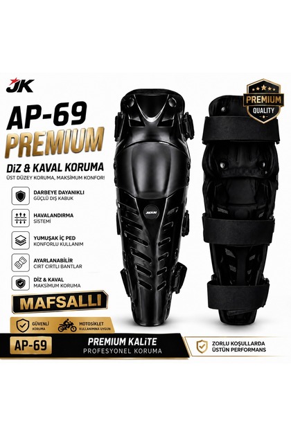 AP-69 PREMIUM MASFALLI TAM SİYAH MOTOSİKLET DİZ KAVAL KORUMA SETİ AYARLANABİLİR PROFESYONEL DİZLİK
