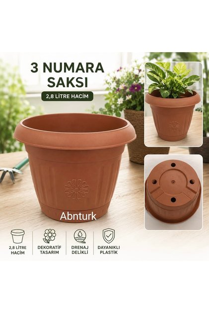 Yonca Motifli 2,8 Litre Tabaklı Saksı Yükseklik 18 cm Çap 18 cm Drenajlı Dekoratif Plastik 3 Numara Çiçek Saksısı