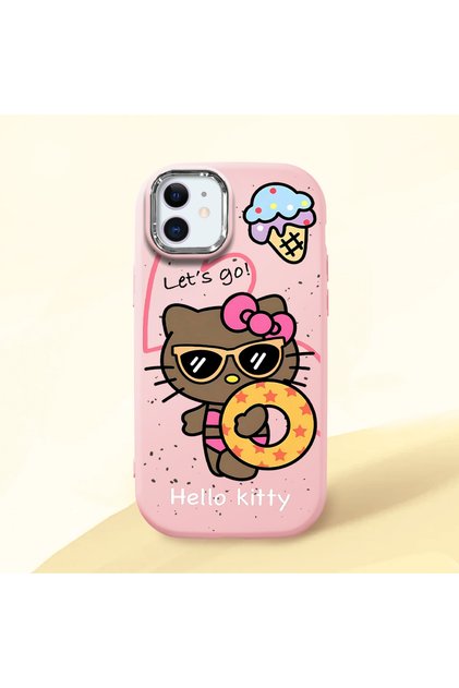 iPhone 12 Compatible Case Camera Protector Pink Silicone Couple Phone Case with Kitty Pattern
