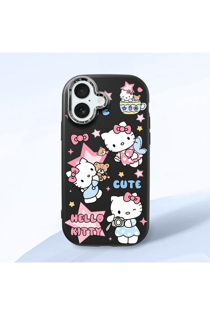 iPhone 17 Compatible Case with Camera Protector Black Silicone Couple Phone Case with Kitty Pattern