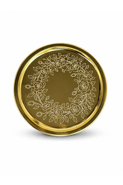 Paslanmaz Çelik Gümüş Kahve Sunum Tepsisi Desenli Metal Servis ve İkram Tepsisi Dekoratif Yuvarlak 24CM