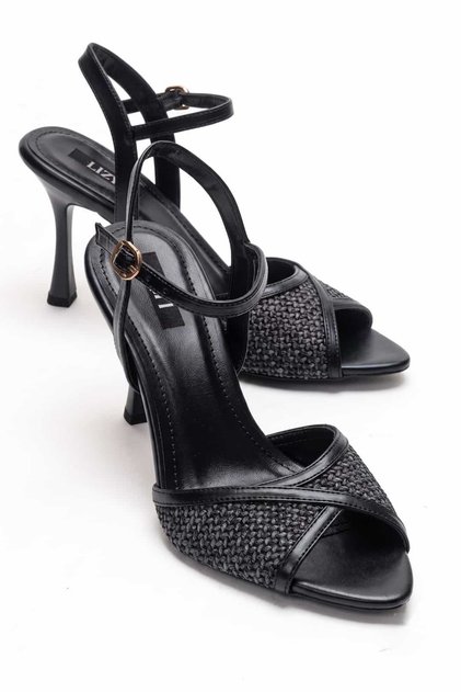 Women's Black Straw Detailed Heeled Sandals, Heel Height 9 Cm.