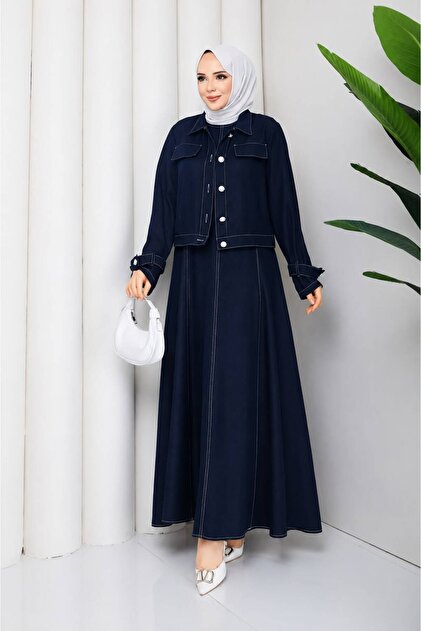 Contrast Stitching Li Denim Denim Jacket & Jile Hijab Set Rc6034