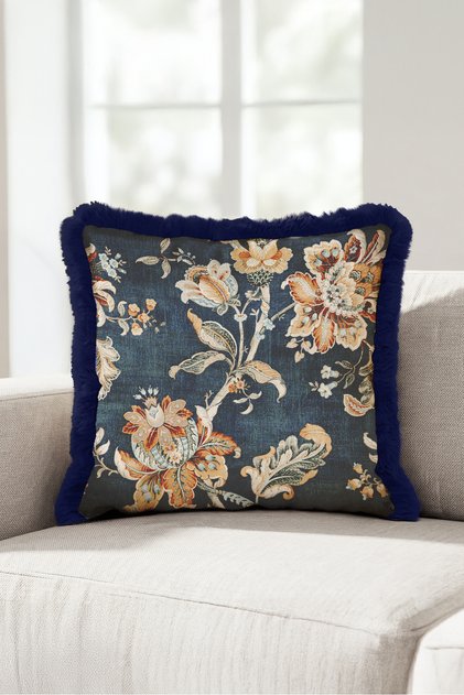 Vintage Floral Elegant Motif Fringed Pillowcase - Bohemian Blue Navy Tassel Throw Pillow Cover