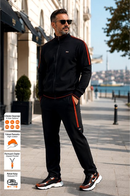 Black Stand Collar Tracksuit Set with Stripe Detail, Straight Leg, Comfortable Fit, Men's Cotton Fabric